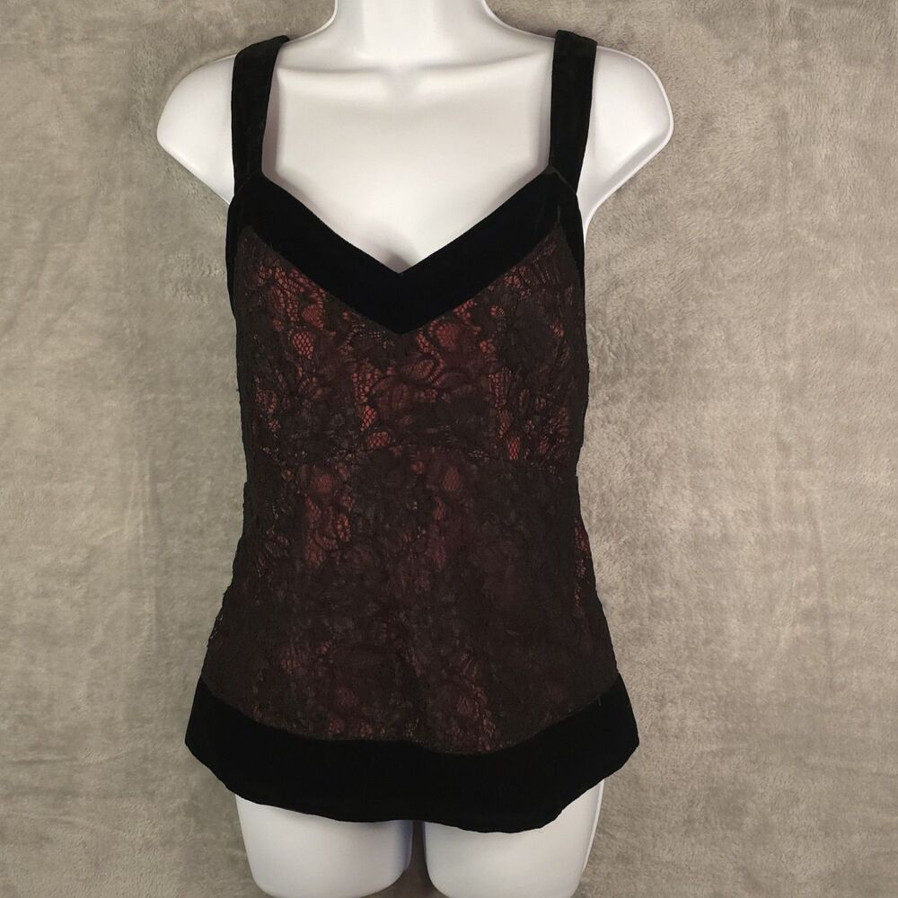 Vintage Zoey Lace Velvet Trim Cami Tank Top Black Red Gothic Y2K Size 14